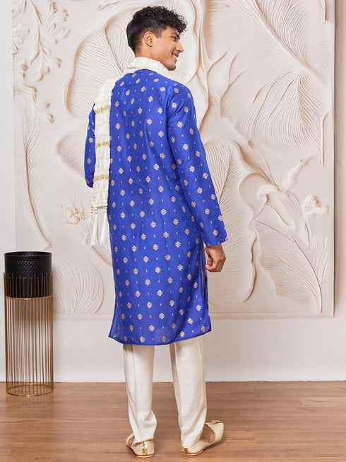 Men's Royal Blue Silk Blend Kurta,Pant And Dupatta Set